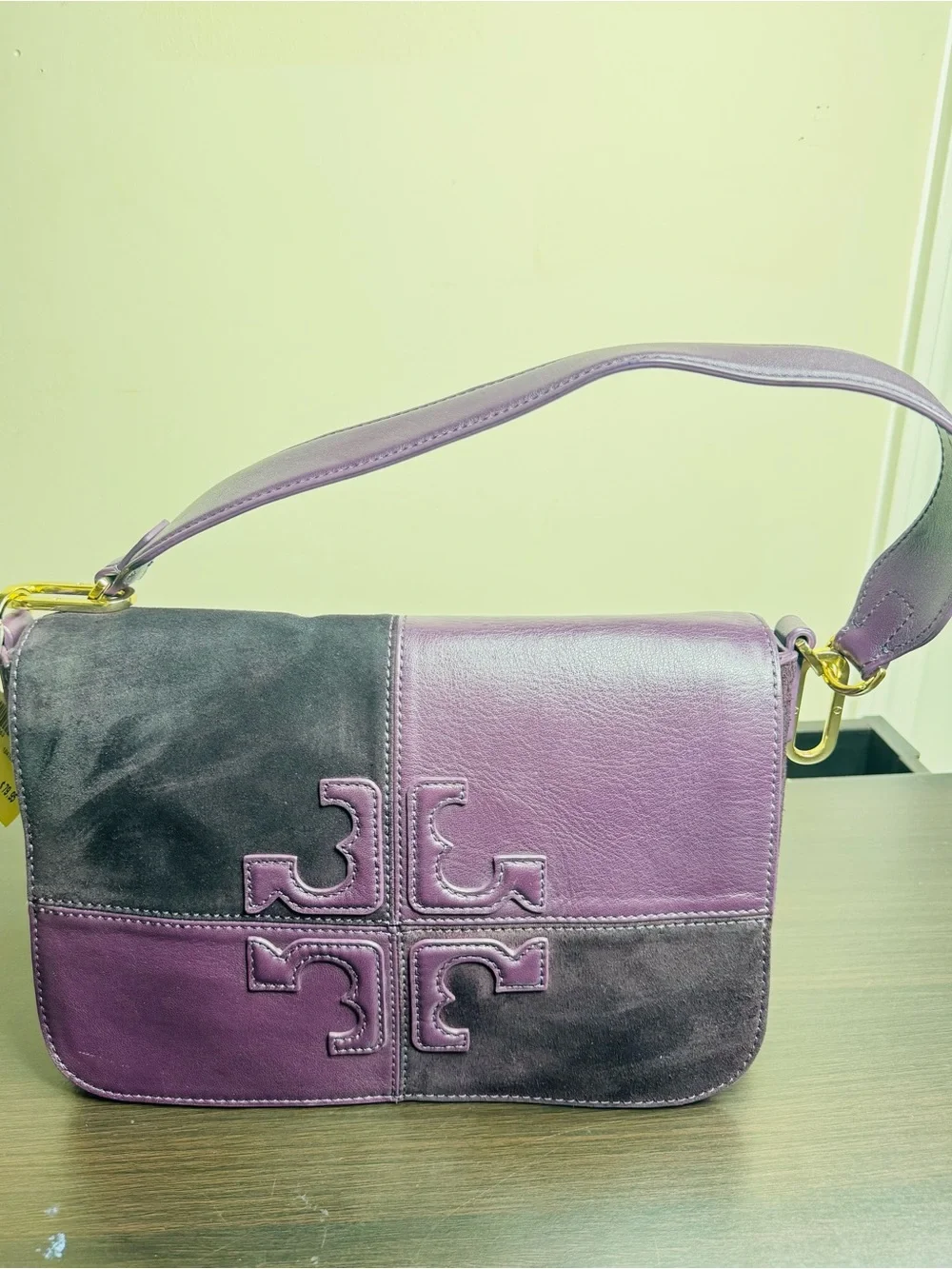 Tory Burch Natalie Patchwork Purple suede Colorblock Leather Shoulder Bag